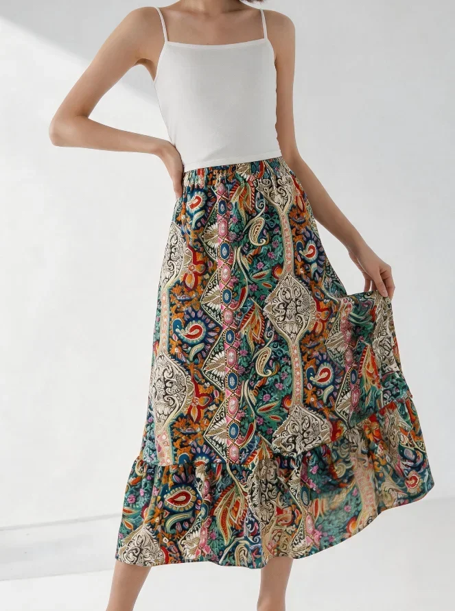 Europäischer Plus-Size Damenrock mit Ethno-Paisley-Print, dehnbarer elastischer Bund, Rüschensaum, Bohemian-Stil, langer Freizeitrock – Detail 6