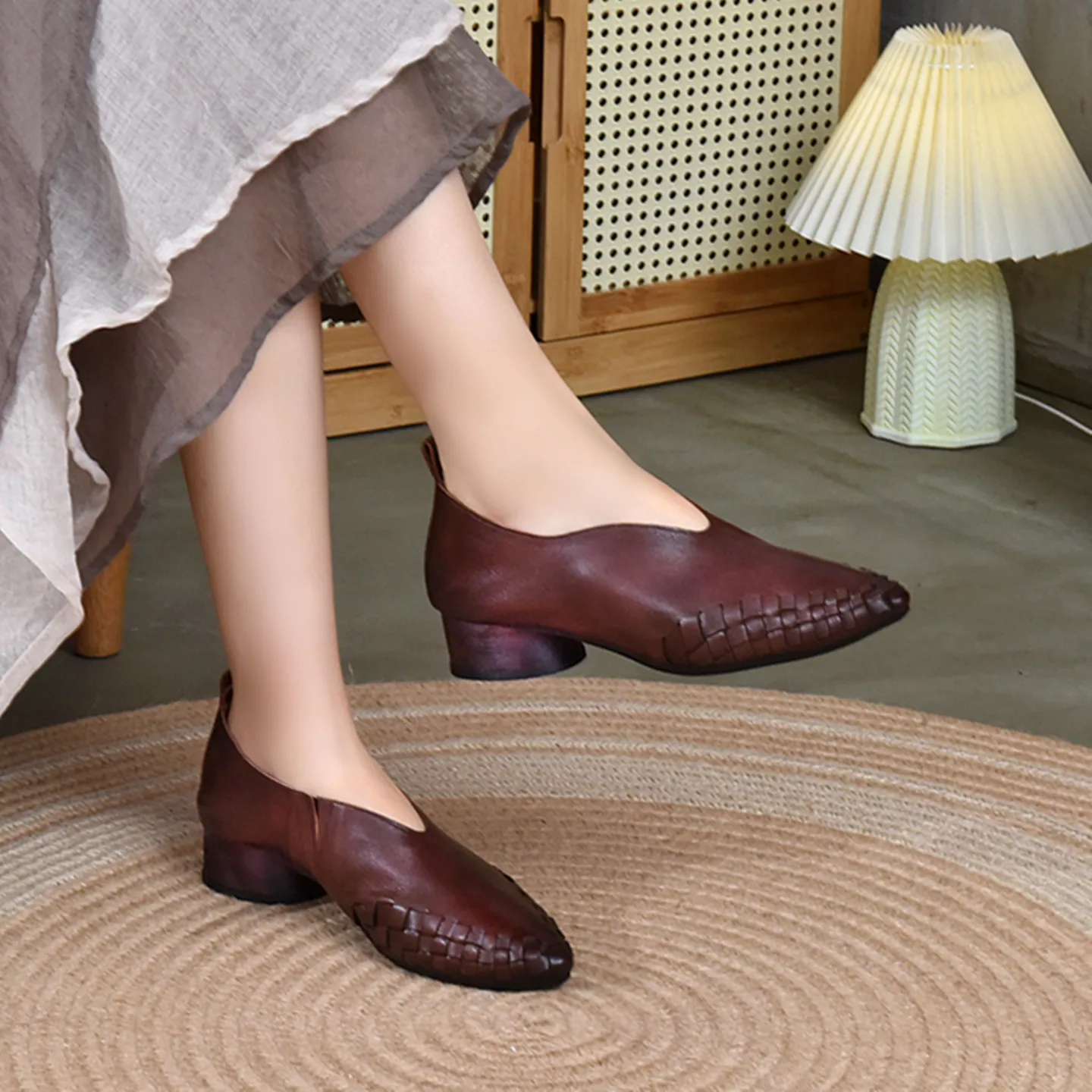 Handmade Original Leather Low Heel Women's Single Shoes Soft Bottom Vintage Style Slip-On Fashionable Deep Mouth Shoes