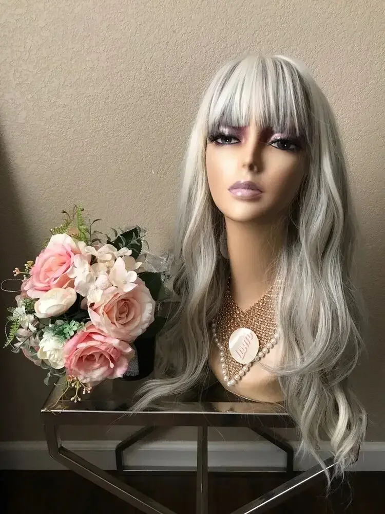 Long Grey White Platinum Balayage Wavy Synthetic Hair  With Bangs Cosplay Wig