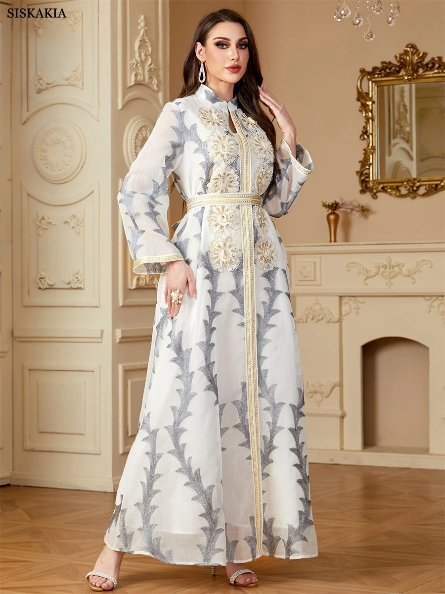 Siskakia Ramadan Muslim Women's Embroidery Jacquard abaya With Sashes Dresses For Women Gala Dubai Moroccan Mesh Sleeve Kaftan