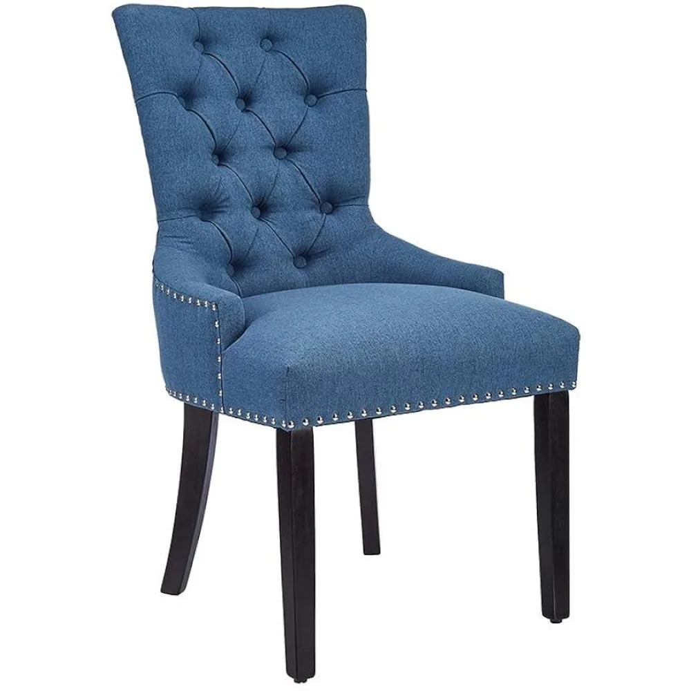 Modern Elegant Button Tufted Upholstered Fabric with Stud Head Trim Dining Chair Bedroom Decorative Chair, Blue