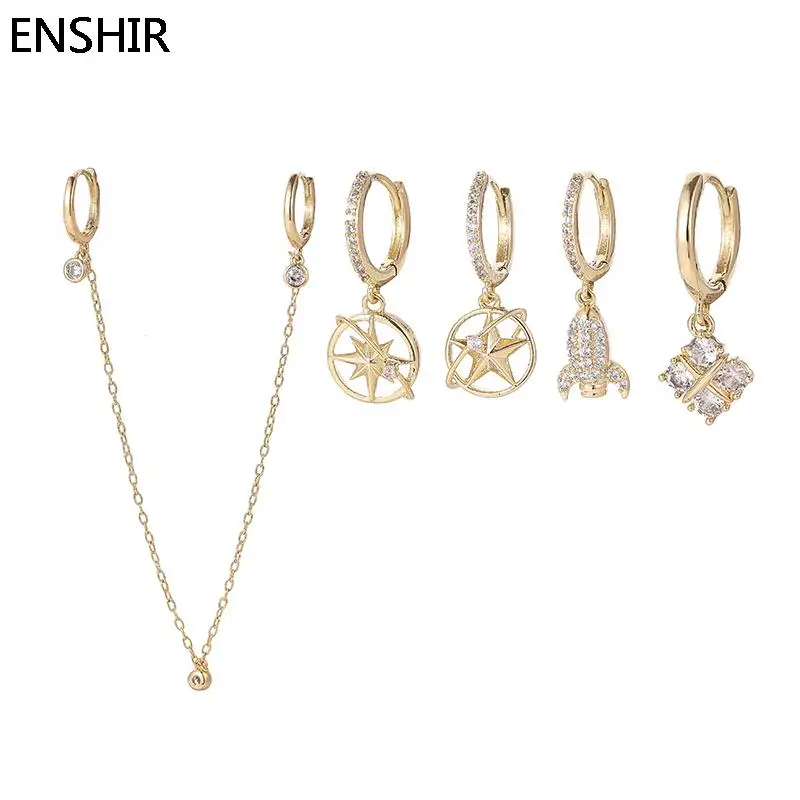 ENSHIR Zircon Star Planet Spaceship Double EarClip Chain Hoop Earrings For Women 6 Pieces Asymmetric Weekly Jewelry