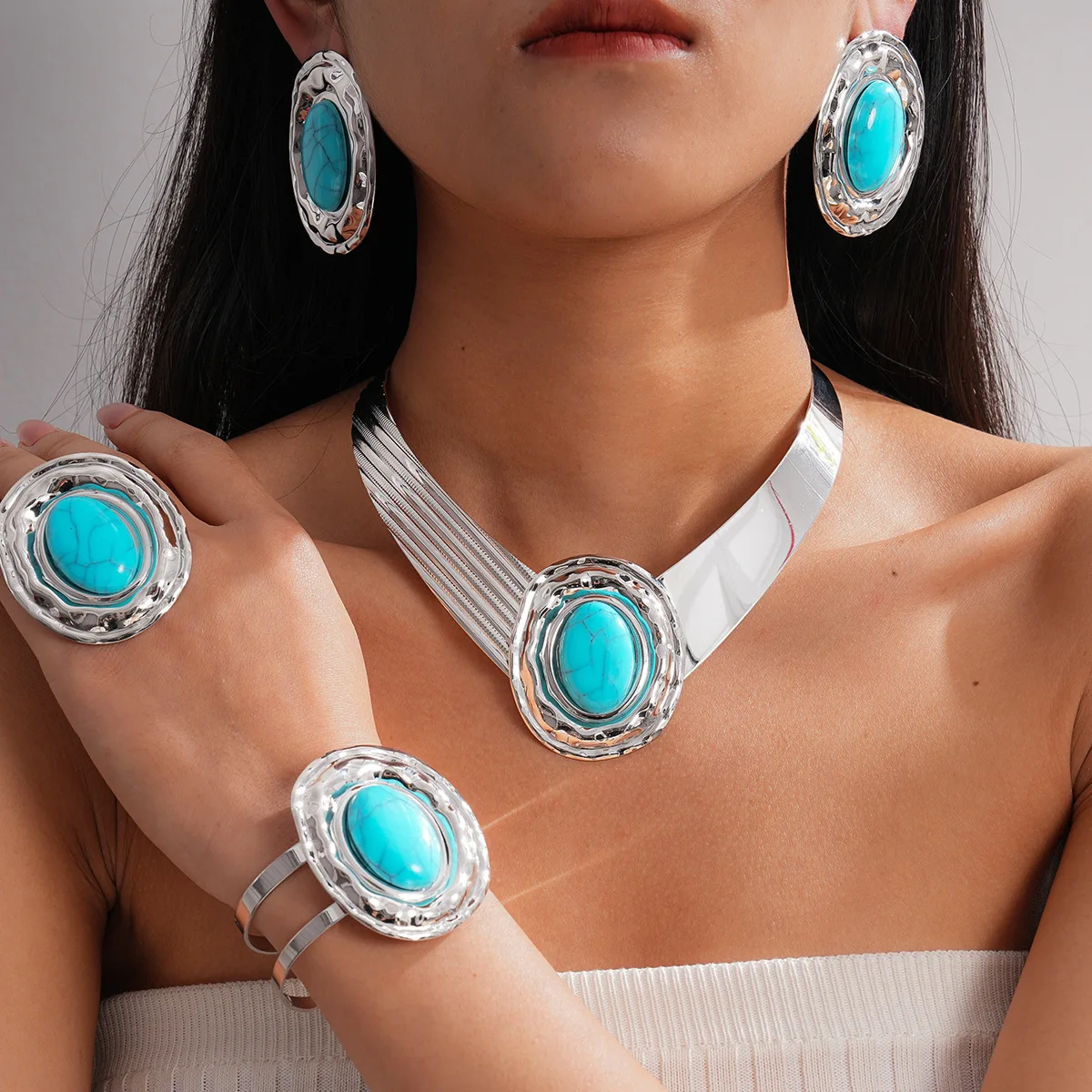 

4 Pcs Blue Chunky Oval Acrylic Jewelry Sets for Women Retro Exaggerated Choker Necklace Earrings Ring Bangle Party Jewelry Sets