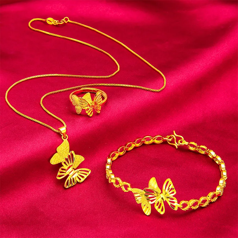 

Комплект украшений с бантом из 24-каратного золота | AU999 Чистое золото, подходящий браслет, колье и кольцо, 3D бантики для сладкого и романтического образа.