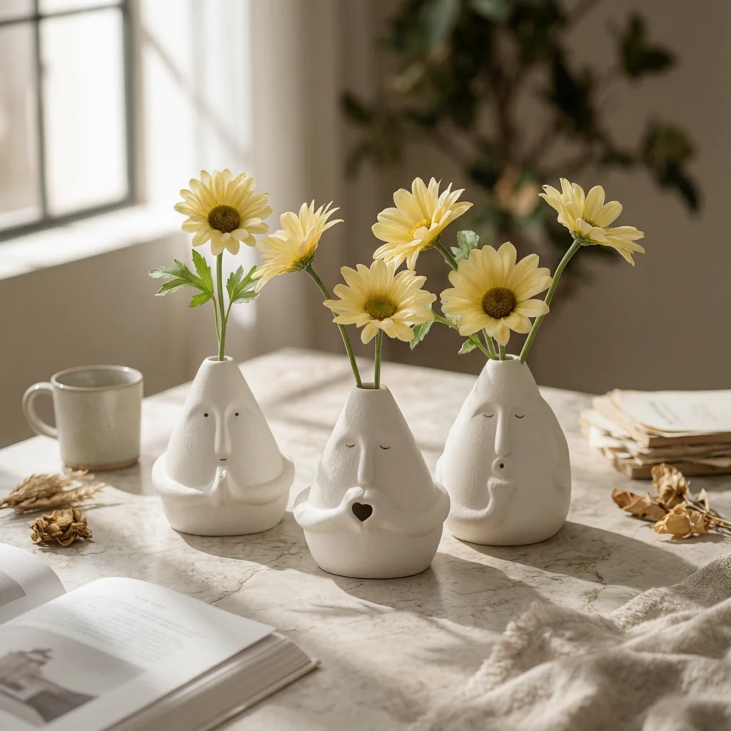 3 Pieces Resin Figurines Matte White Flower Inserts Statues Sculptural Decor Modern for Art Lovers, Tabletop, Living Room