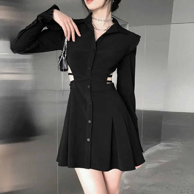 

French Spicy Shirt Pleated Dress Women Fashion Lapel Hollow Out Temperament Cool Single Breasted High-end Solid Slim Spring Wear