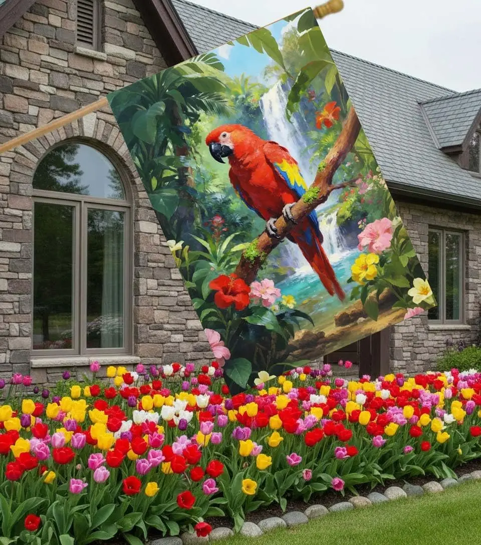 Birds Parrot Macaw Plant Flowers In The Summer Spring Tropical Forest House Flag 28 x 40 Inch, Double Sided Large Garden Yar zzo