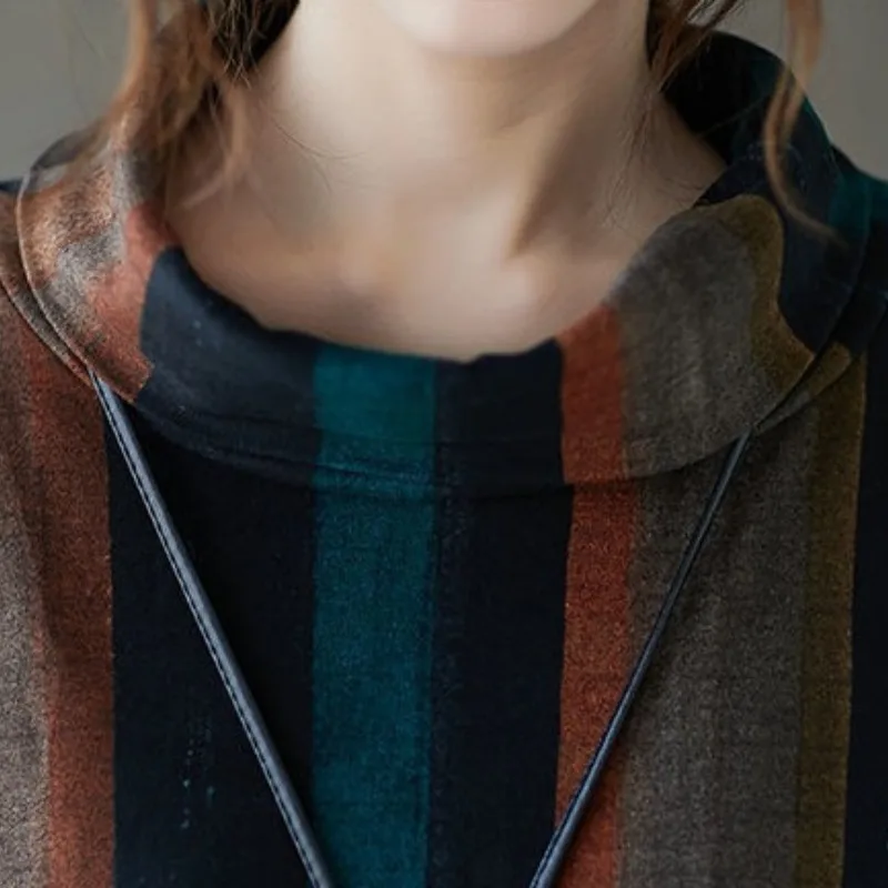 Jersey de otoño e invierno para mujer, vestido holgado de moda versátil a rayas con bolsillos de manga larga y cuello medio alto, novedad de 2023