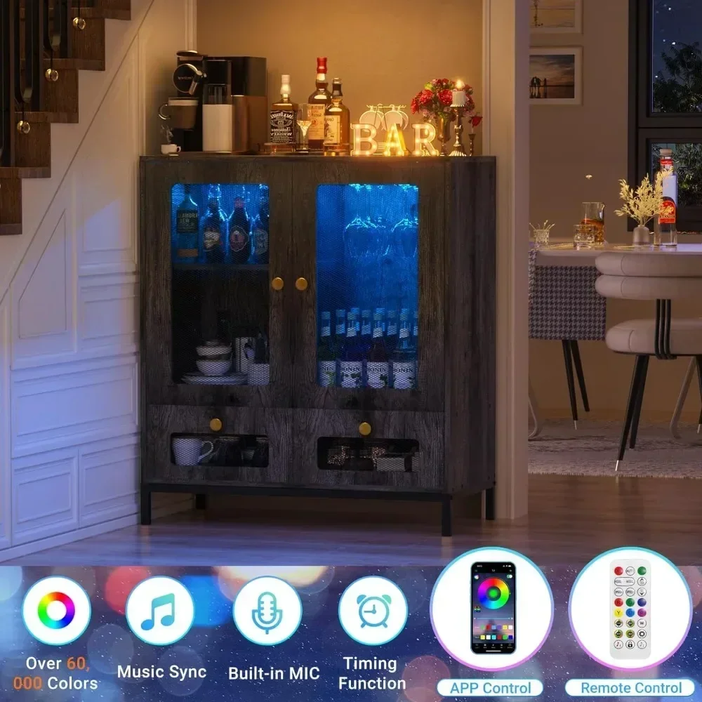 High Quality Side Panel Buffet Cabinet With Storage Space, Bar Cabinet With Power Sockets And LED Lights, Kitchen Storage