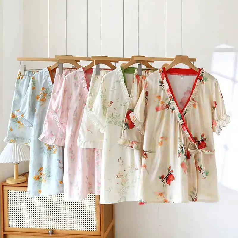 

Bamboo Cotton Pamas Set For Women's Summer Thin Flower Printing Lace-Up Kimono Short-Sleeved Robes With Shorts Pyjama Suit