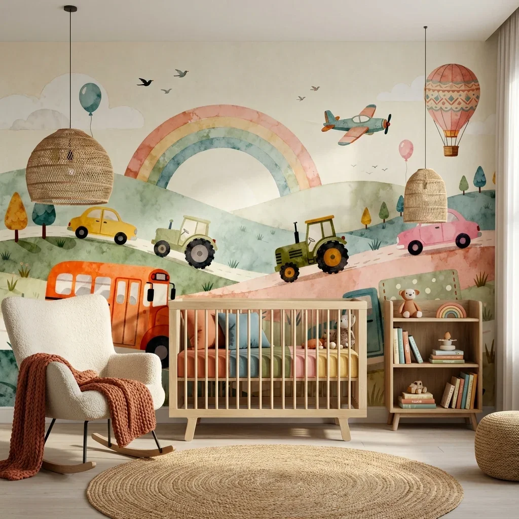 Customized wallpaper, children's watercolor, traffic mural, storybook, vehicle landscape wallpaper, exquisite nursery art mural