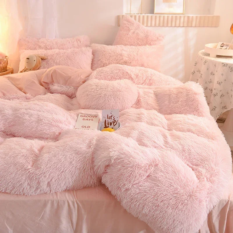 Warm Fleece Girls Bedding Set, Mink Velvet, Single, Double, Duvet Cover, Pillowcase, Pure Color, Plush, Shaggy, Home Textiles