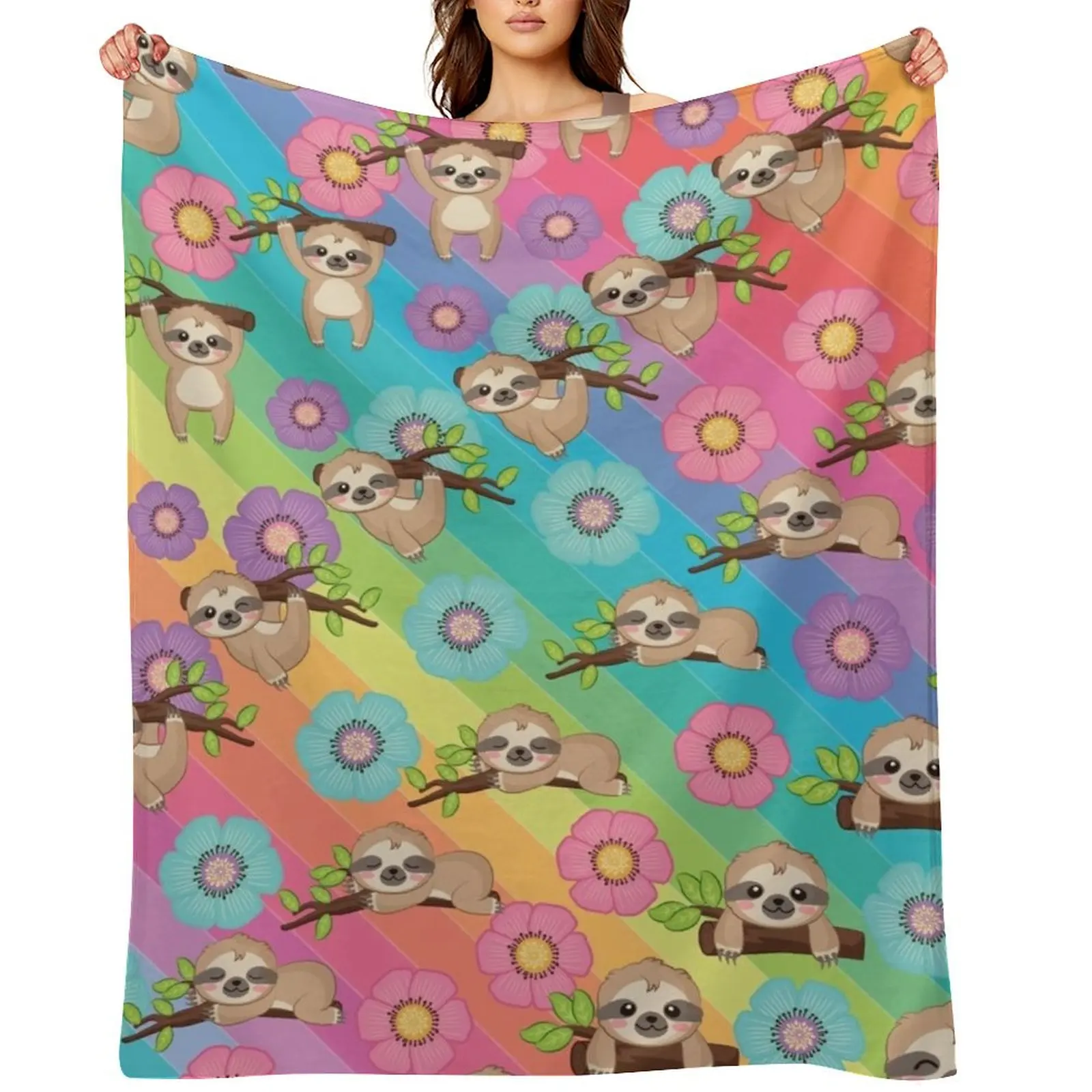 

sloth rainbow and flower Throw Blanket Cute Plush manga Retros Blankets