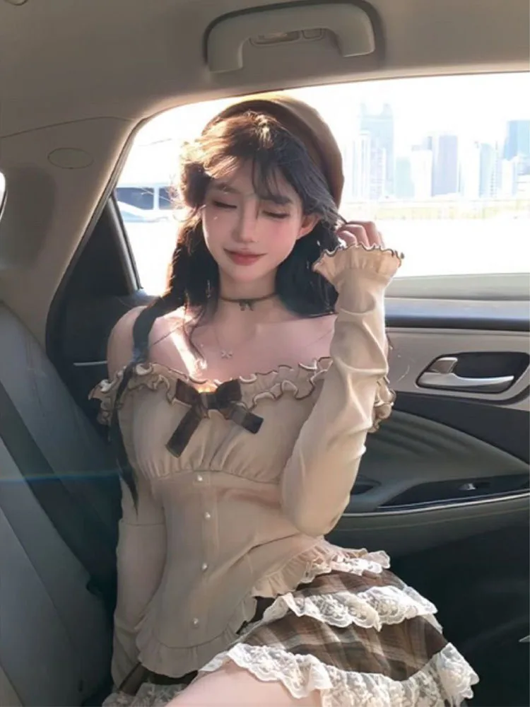 Sweet And Spicy Girl Plaid Cake Skirt Women's Spring Pure Desire One oulder Top Princ Puffy ort Skirt Set