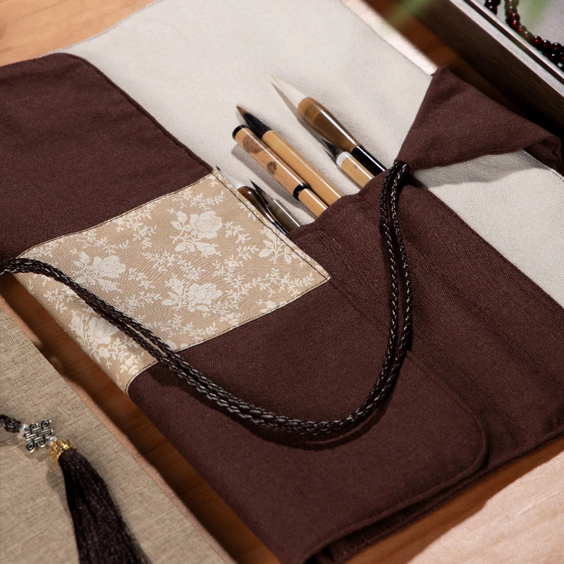 Picture 3: Cotton Linen Calligraphy Brush Roll Case Chinese Style Large Capacity Storage Bag Portable Calligraphy Painting Brush Roll Pouch