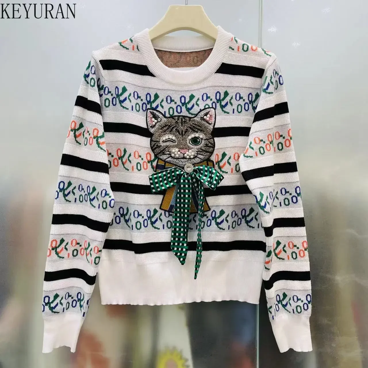 Vintage Beading Cat Embroidery Sweater Pullover Women Spring Autumn New Fashion O-Neck Long Sleeve Striped Knitted Tops Jumper