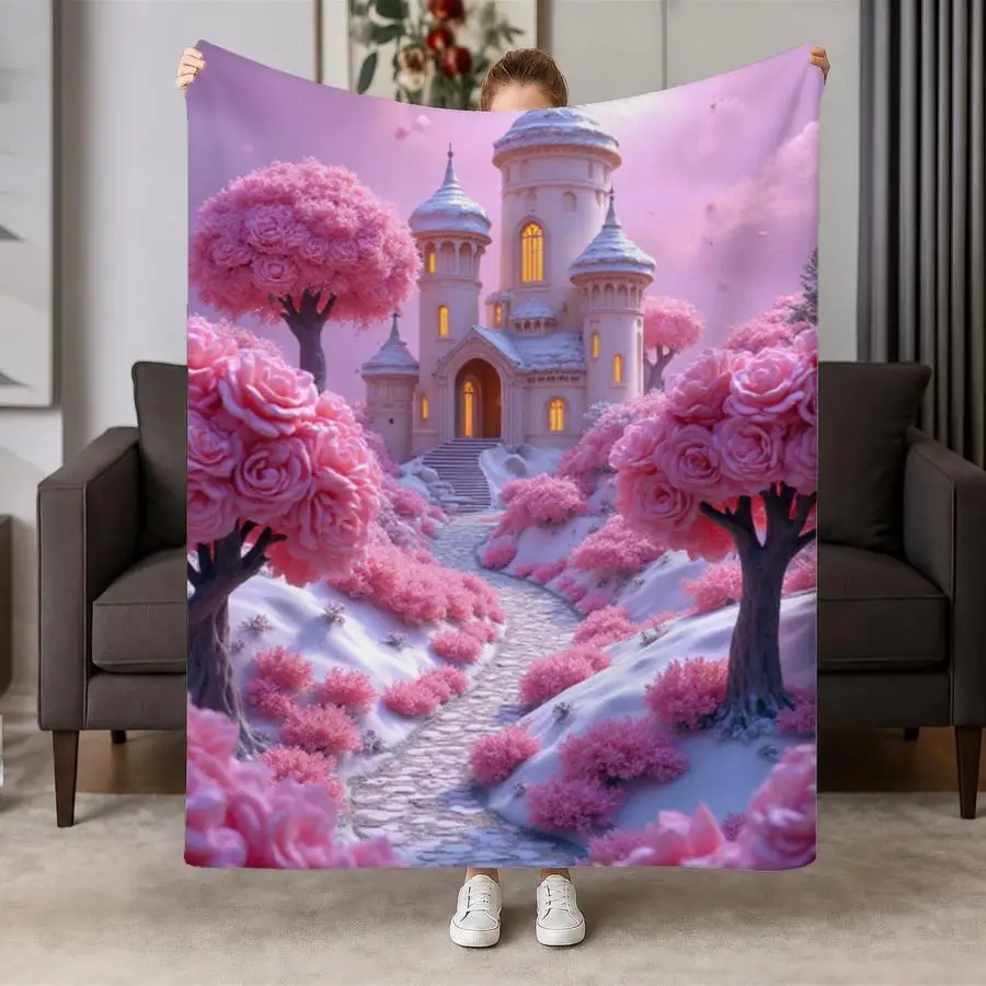 Pink Rose Tree Snowy Fairy‑tale Castle Scenery Print Soft Flannel Throw Blanket Warm Light‑weight Blanket For Sofa Bed Dreamy
