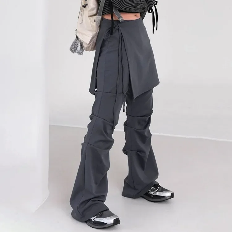 Fake Two Piece Lace-Up Skirt-Pants Street Flare Pants 2024 Bell Bottom e-girl harajuku fairycore 2000s y2k grunge goth aesthetic