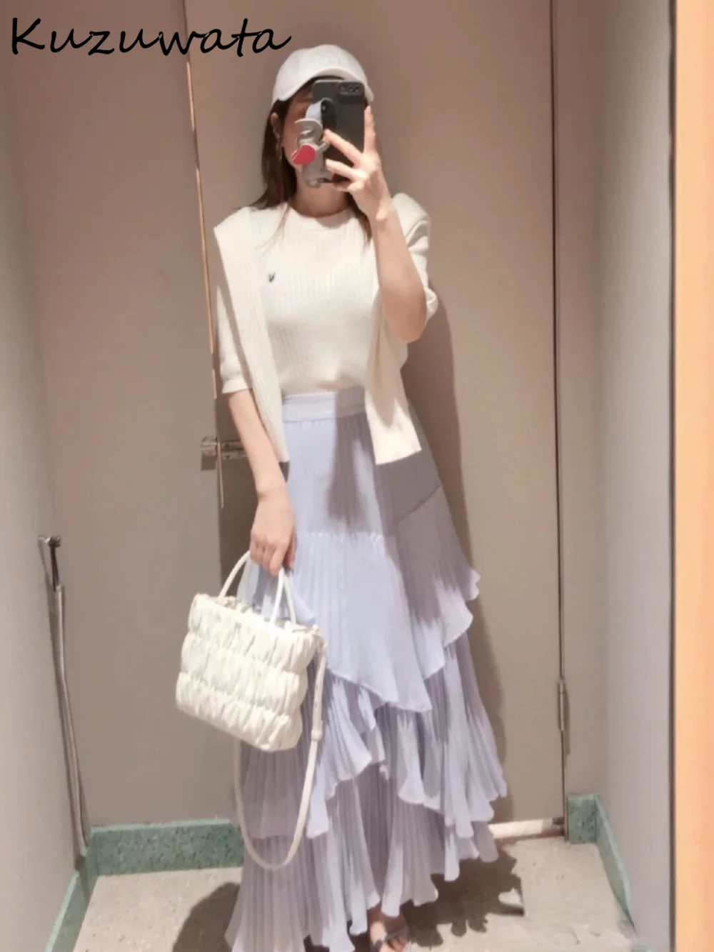 Kuzuwata Temperament Ruffles High Waist Faldas Slim Fit Chiffon Plaid Mid-length Mujer Faldas Japan Irregular Voile Cake Skirt