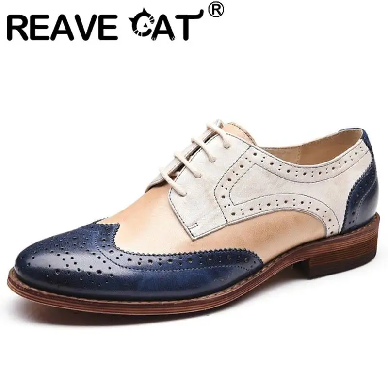 

REAVE CAT Fashion Women Brogue Flats Round Toe Lace-up Mixed Color Hollow Big Size 34-43 Casual Shoes For Ladies British Style