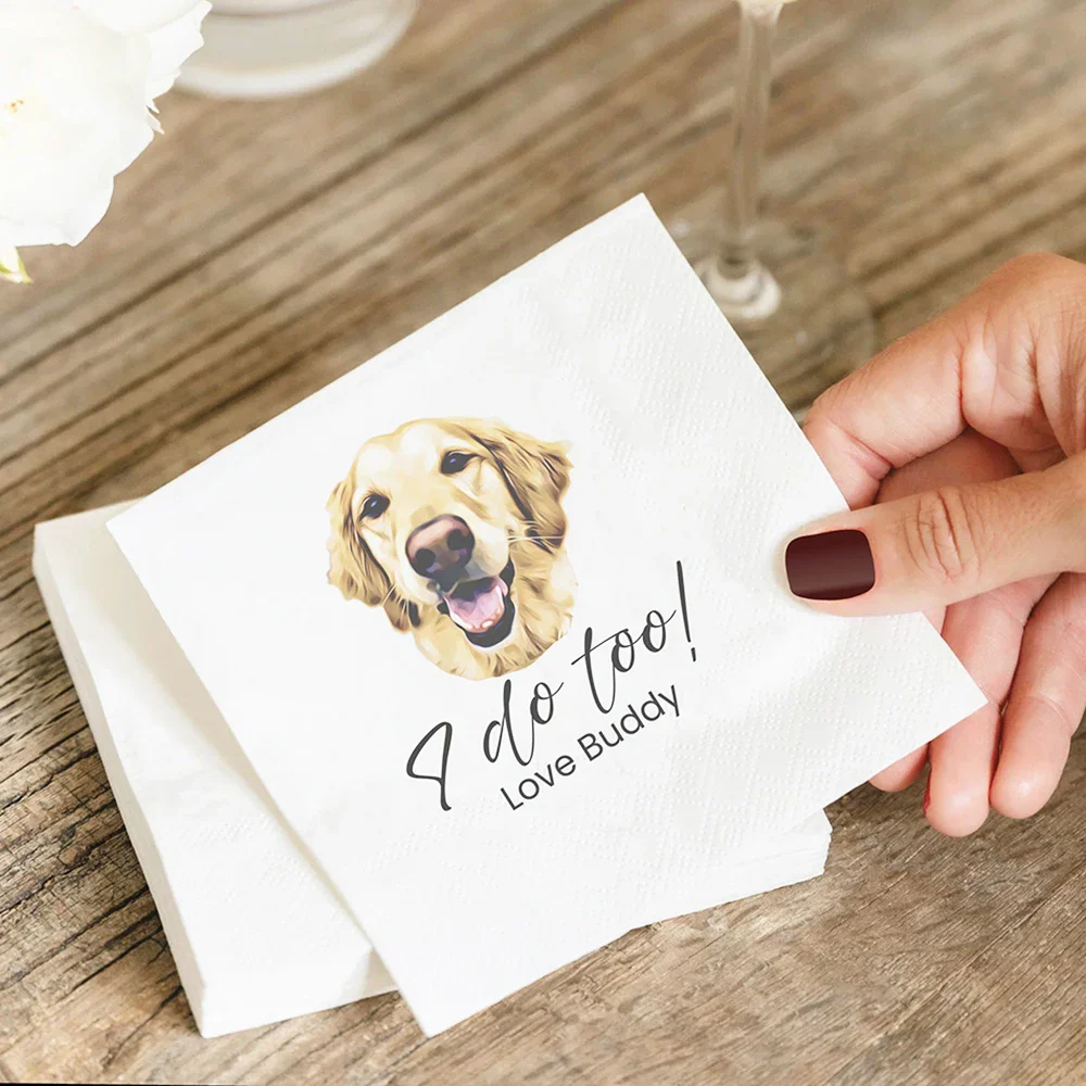 50Pcs Personalized Pet Wedding Cocktail Napkins Custom Wedding Special Events Napkins with Dog or Cat Illustrations