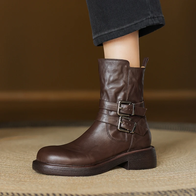 

Новинка 2023 года, ботильоны из натуральной кожи INS, осенне-зимние мотоциклетные ботинки ручной работы в стиле панк на массивном среднем каблуке с пряжкой в стиле ретро