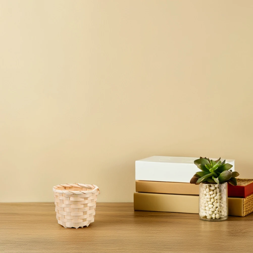 

2pcs Storage Baskets Woven Desktop Organizer Beige Handmade Bamboo Small Large Capacity Home Office Decorative