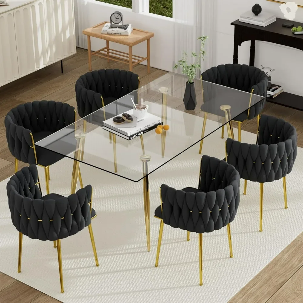 

Golden Glass Dining Table Set for 6, 63'' Modern Luxury Rectangular Kitchen Table Set, 7 PCS Clear Glass Top Dinner Table Set