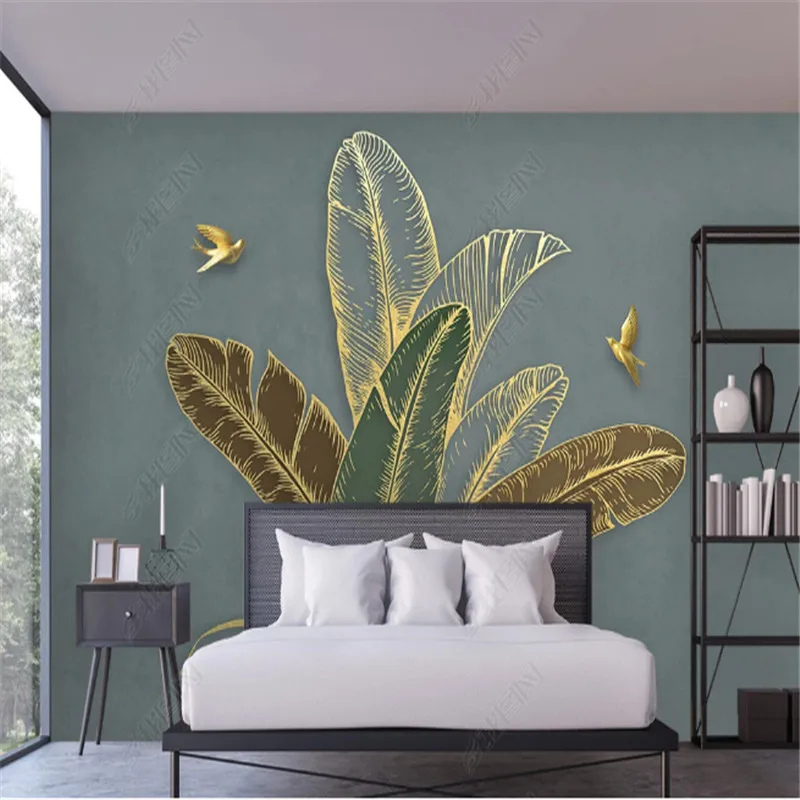 Minimalist Home Decor Wallpaper for Living Room Golden Lines Tropical Leaves Bedroom Background Wall Paper Mural Papel De Parede