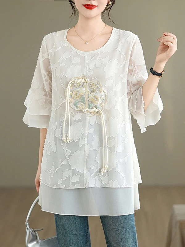

Loose ort Sve Women's irt Summer 2025 New Sle European Loose Size Large Cover Belly Chiffon Top Fake Two-Piece Top