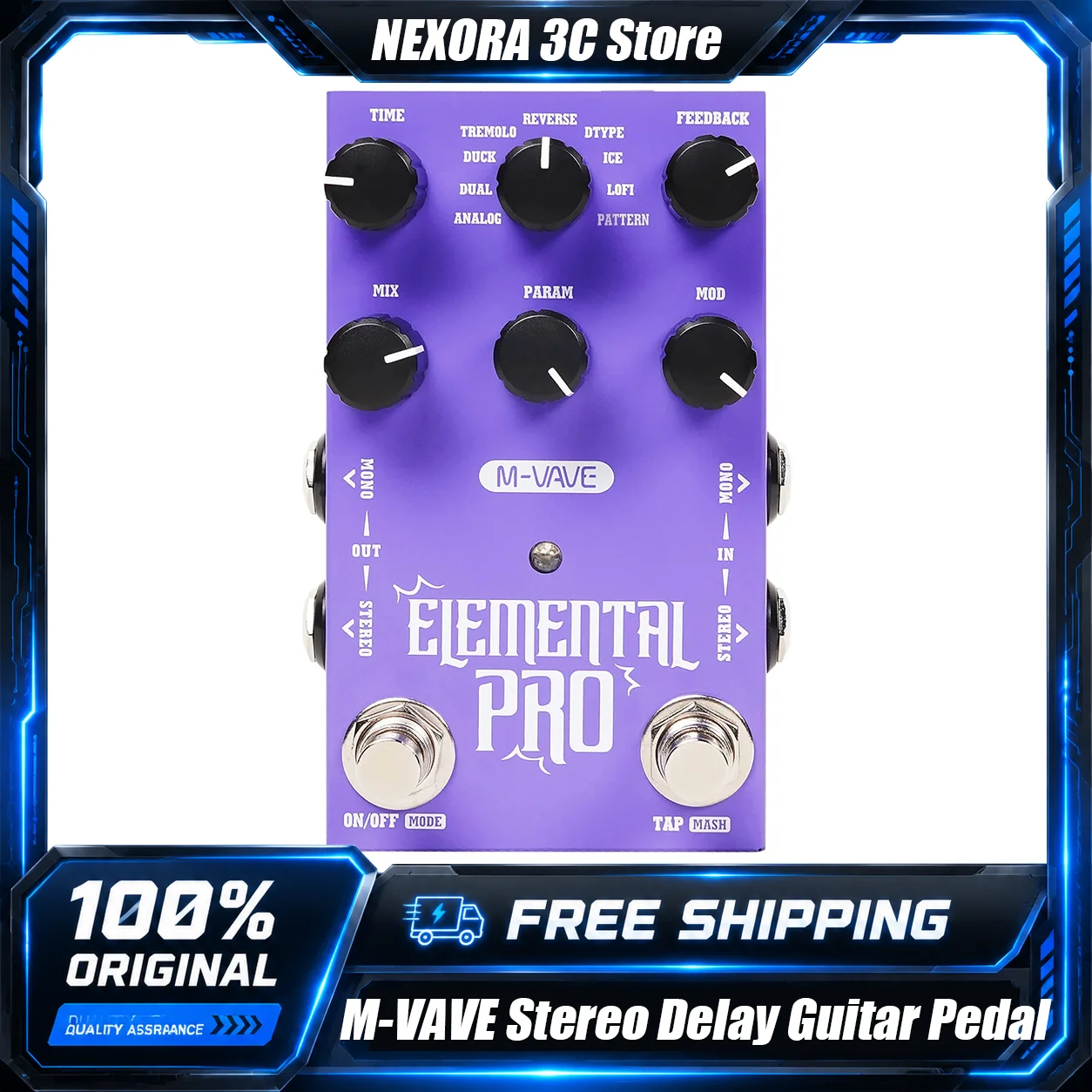 M-VAVE ELEMENTAL PRO Stereo Delay Guitar Pedal 10 Delay Algorithms Tap Tempo Mash Control USB-C DC 9V for Guitar Bass Keyboard