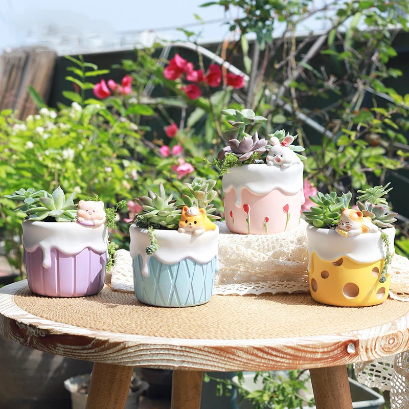 2027 Cute Dessert Theme Succulents Plants Pot Creative Animal Planter for Mini Bonsai Fairy Garden Ornaments Home Tabletop Decor