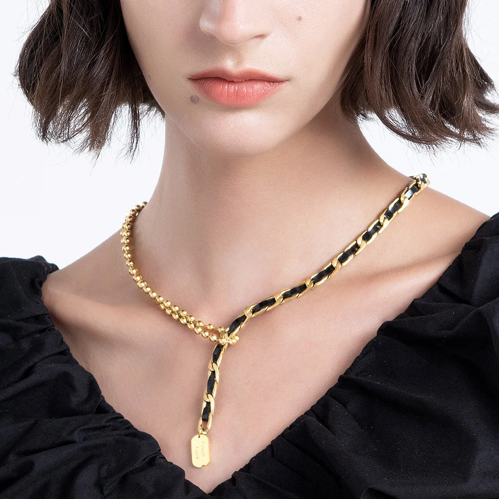 ENFASHION Black Leather Necklace For Women Beads Lucky Choker Gold Color Fashion Jewelry Stainless Steel Collier 2021 P213220