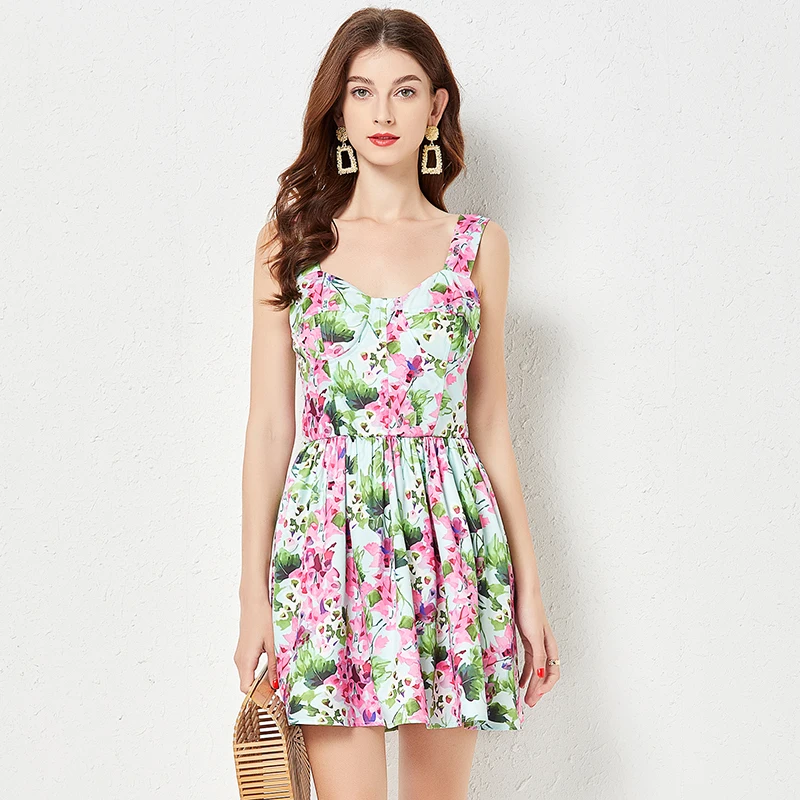 

Runway Summer Fashion Vintage Spaghetti Strap Floral Print Cotton Mini Dress Women's Sleeveless High Waist Party Dress N434