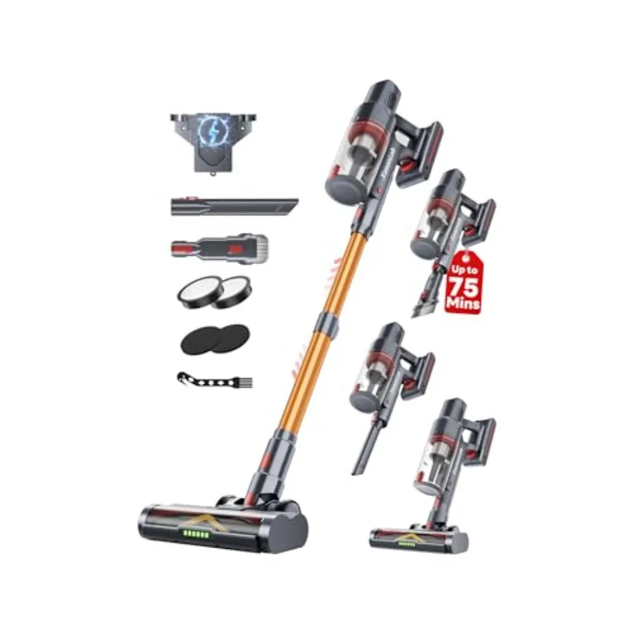 Cordless Vacuum Cleaner for Home Use, ABS Plastic Body, Black Color, 75-Min Runtime 55KPa Suction Power with Anti-Static Anti-T