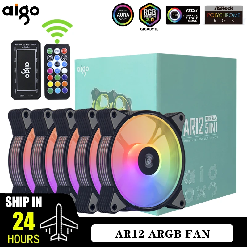Aigo AR12 120mm PC Gamer Computer Case Fan RGB 12v Radiator Aura Sync Cooler Argb Silent Controller Kit Fan Cooling Ventilador