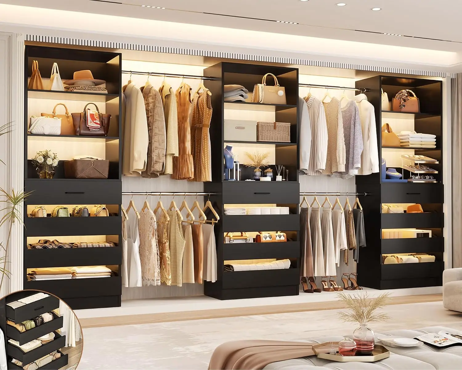 Closet System with 12 Drawers & 4 Rods, 8.5-11.5Ft 3-Tower Storage for L-Shaped Walk-in Closet, Set of 3, Customized