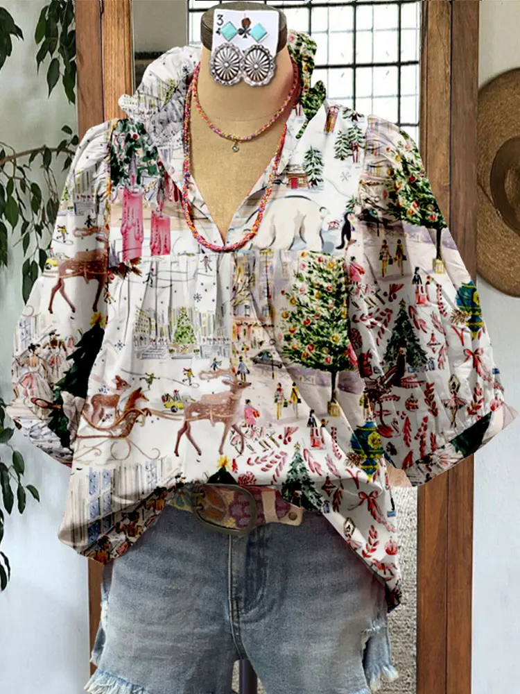 Puff Sleeve Contrast Christmas Print Blouse