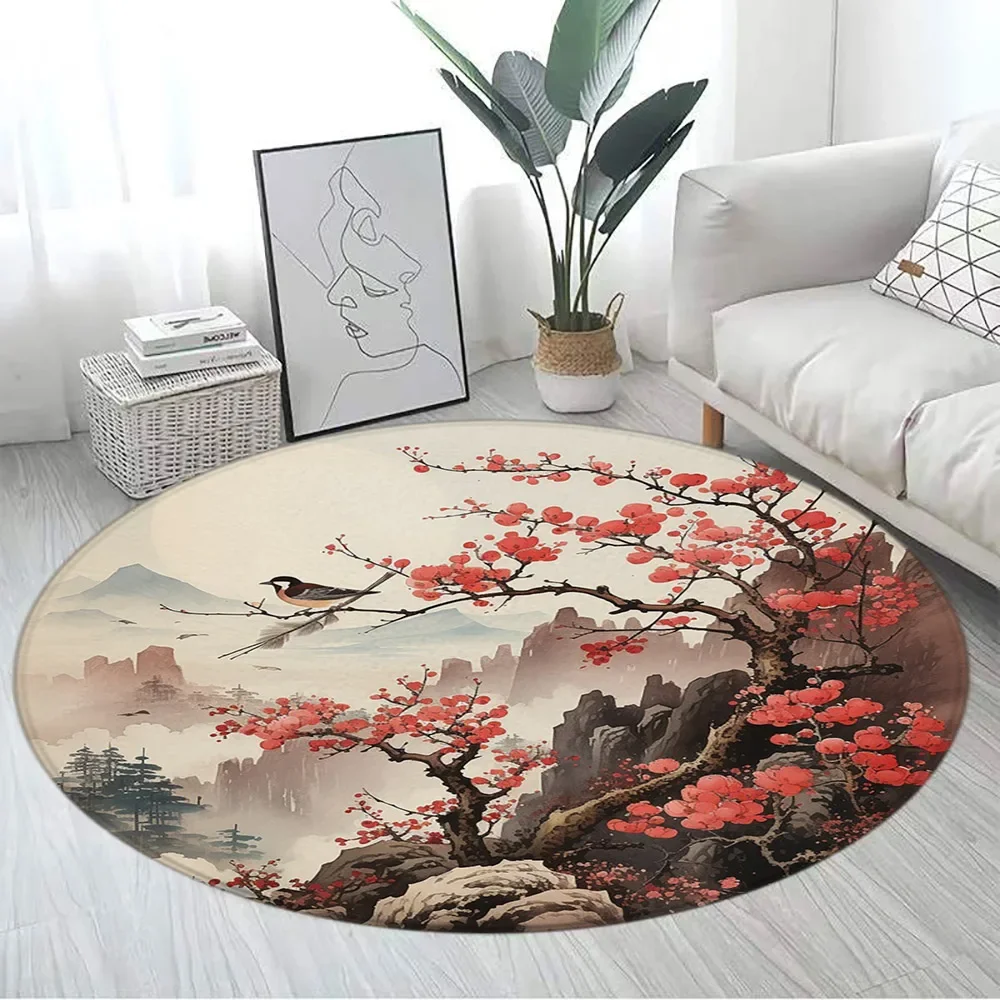 Japanese Style Round Carpet Mountain Cherry Blossom Koi Octopus Lotus Sea Waves Ink Art Living Room Home Decor Mats Floor Rugs