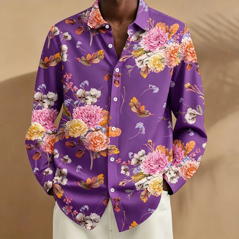 European and American style gentle men's watercolor peony cotton print long-sleeved shirt loose lapel casual shirt