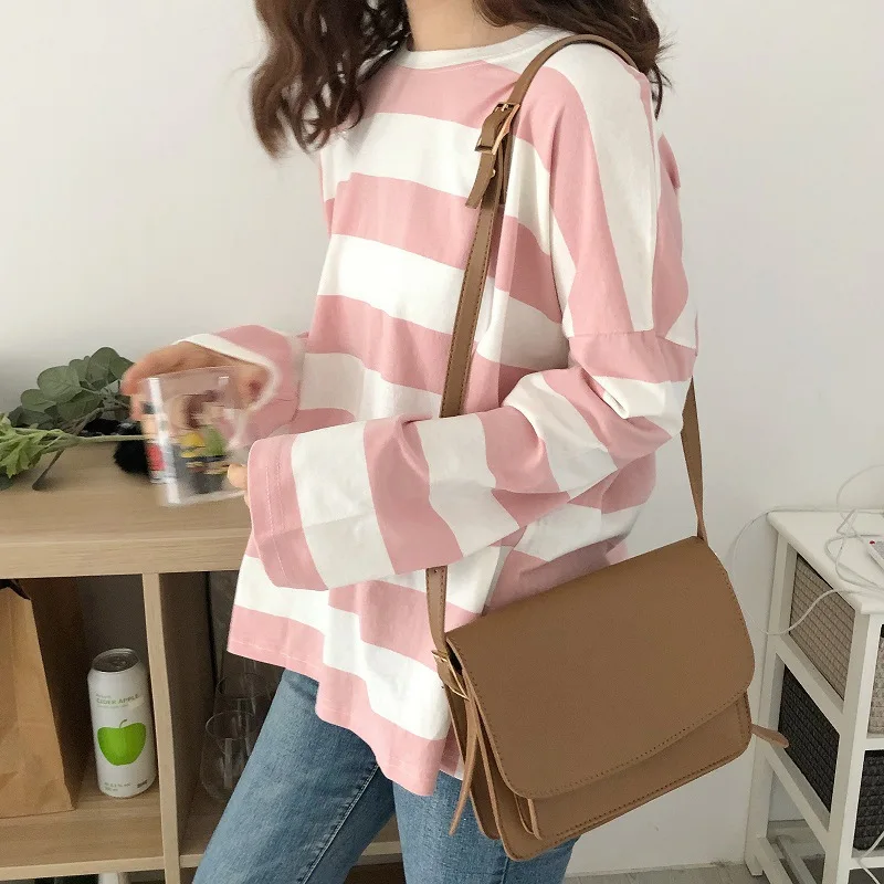 Woman Tshirts Tops Vintage New Wide Stripe Long-Sleeved O Neck T-shirt Women's Striped Loose All-match Tshirt WBXT994