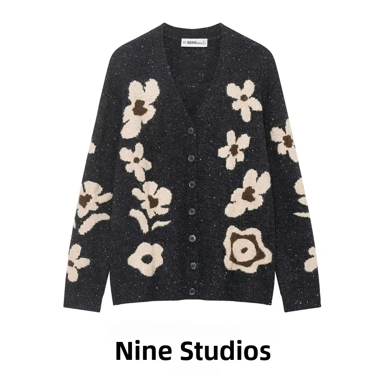 

NINE ZAR Women's round Ne Floral Embroidery Knitted Open Cardigan Loose Outerwear Long Sve Winter Faion European Sle