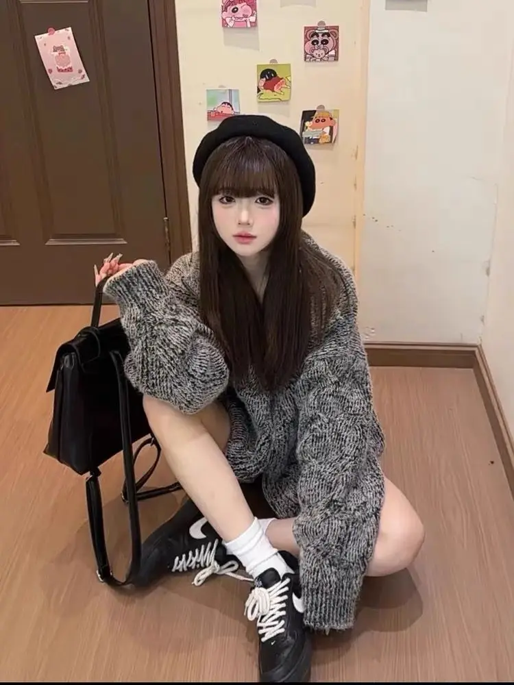 Americano vintage 2000s cinza malha cardigan feminino outono retro gola zíper camisola casual novo design moda fino casaco de malha