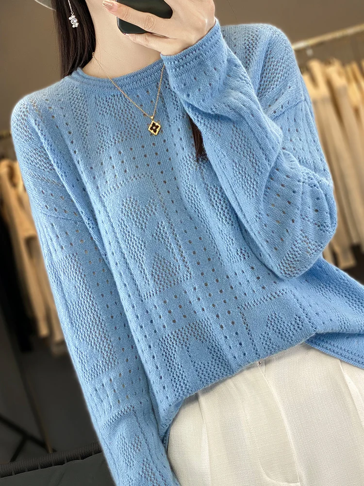 New Chic Women Spring Autumn Sweater Hollow Long Sleeve O-Neck Pullover 100% Merino Wool Knitted Loose Jumper Female Clothing