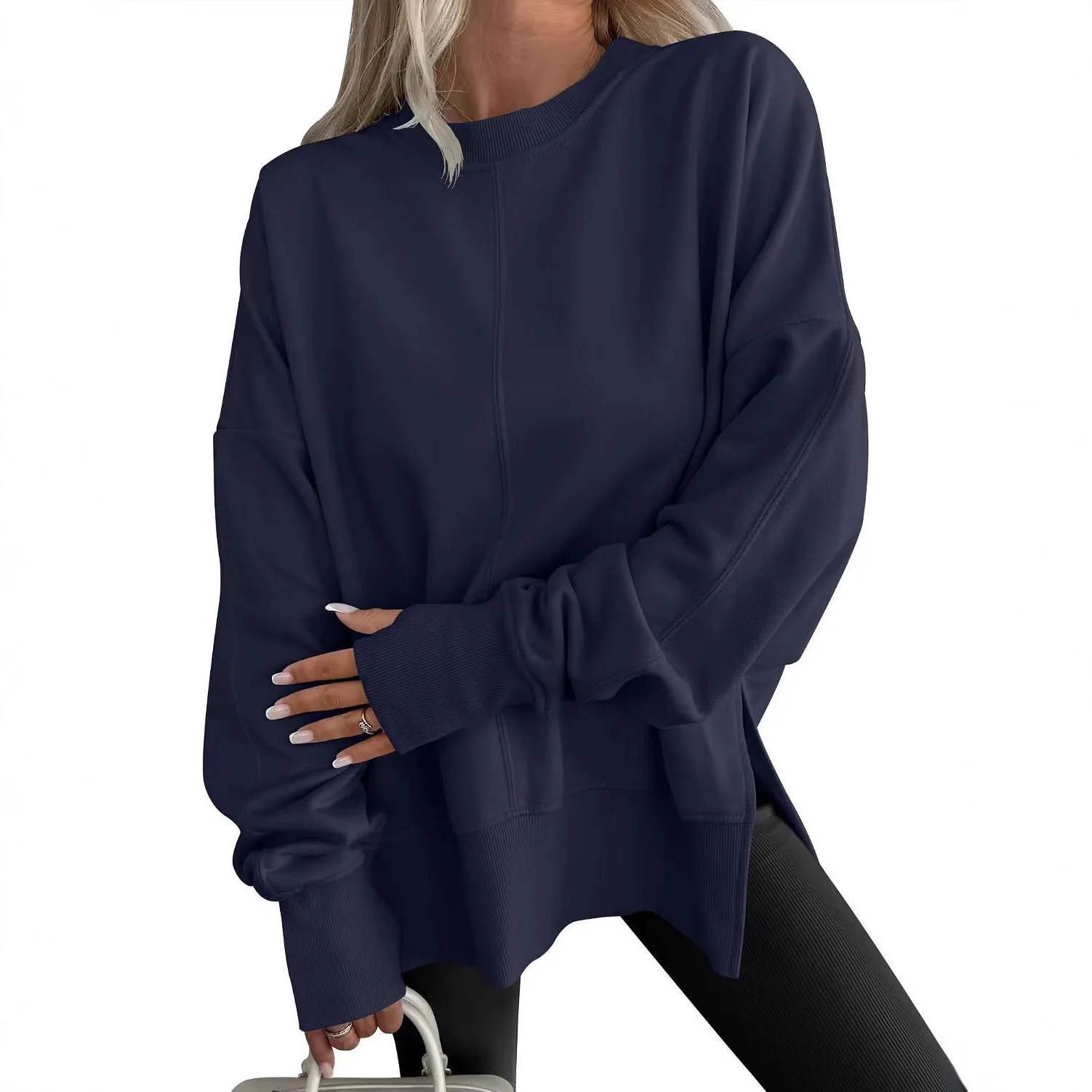 Women Loose Crew Neck Sweatshirt Batwing Sleeve Side Split Color Block Commuter Top create stylish and relaxed look