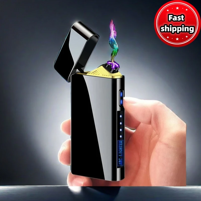 

New USB Electric Metal Windproof Pulse Flameless Double Arc Lighter LED Power Display Touch Cigar Lighter Igniting Men's Gift