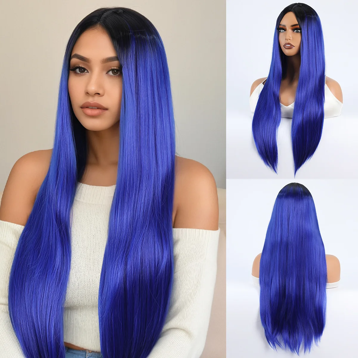 European and American foreign trade wig fashionable women's deep blue gradient long straight hair-Synthetic fiber wig