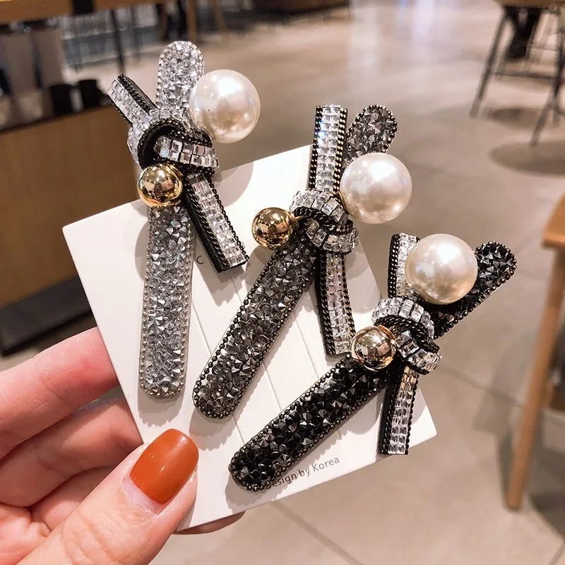 Women Pearl Rhinestone Hair Clips Korean Bow Knot Hairpin Luxury Crystal Side Bangs Barrettes Fashion Hair Accessories for Girls