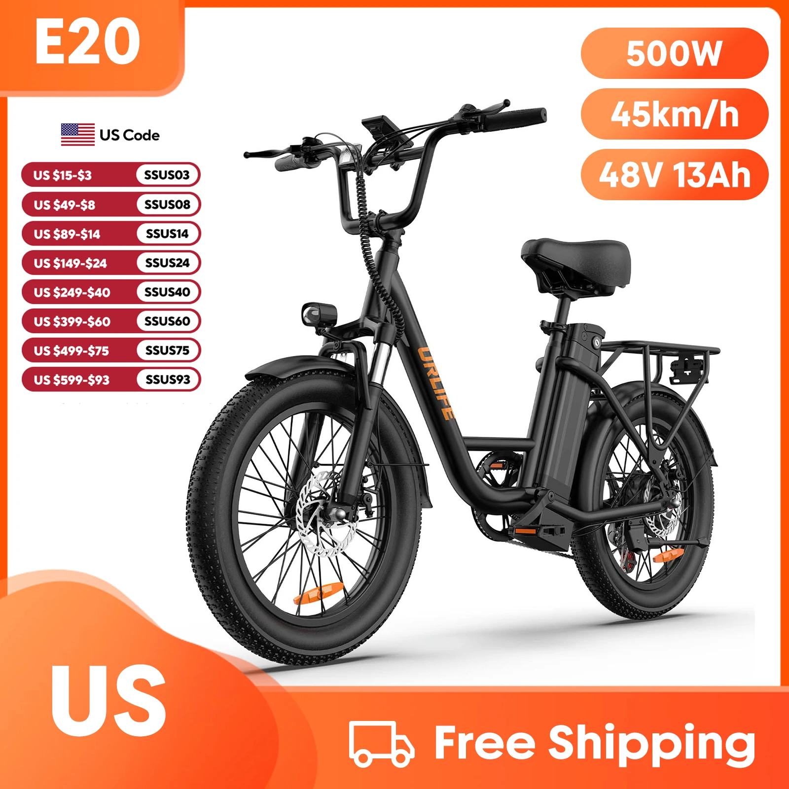 

Electric Bicycle 1000W Electric Bike 48V 13Ah Battery 20x3 Fat Tire 28MPH 7-Speed Dual Disc Brake Dirt E-bike E20