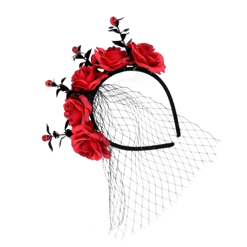 Elegant Rose and Tulle Hair Hoop for Halloween Festivities Adjustable Size Headband Comfortable Hairband Party Ornament